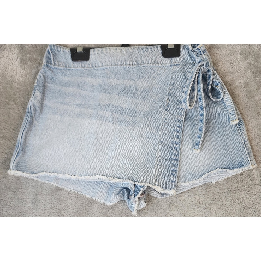 We The Free Skort Womens Size 10 Blue Light Wash Denim Wrap Side Tie Raw Hem